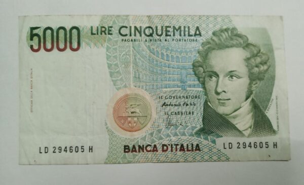 Italy - 5000 Lira - Vincenzo Bellini : 19th Century Italian opera composer - USED VF+