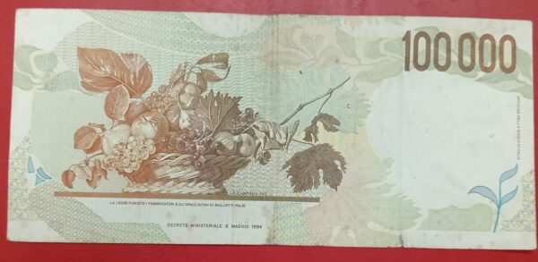 Italy - 100000 Lire - 1994 to 1998 issue - Used VF+ Condition - serial no. may differ - Image 2