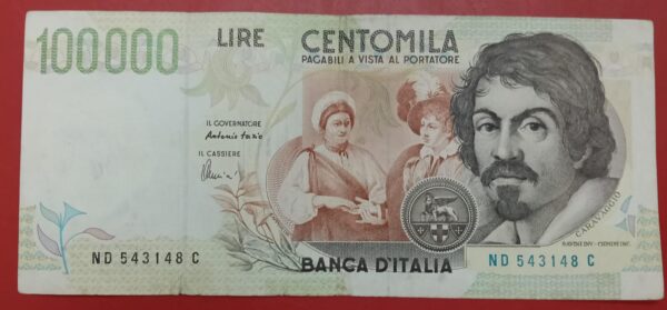 Italy - 100000 Lire - 1994 to 1998 issue - Used VF+ Condition - serial no. may differ