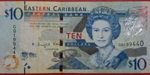 East Caribbean States - 10 Dollars - 2012 to 2015 issue - Used VF+ Condition - serial no. may differ