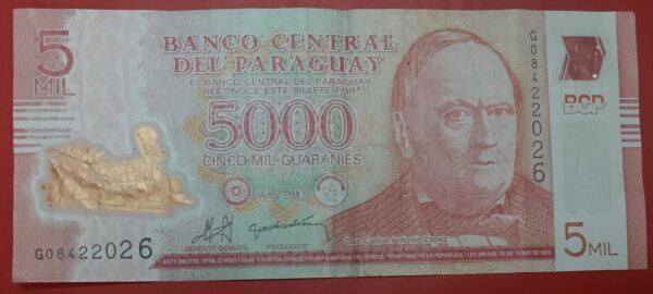 Paraguay - 5000 Guaranies - 2011 to 2022 issue - Polymer - Used VF Condition